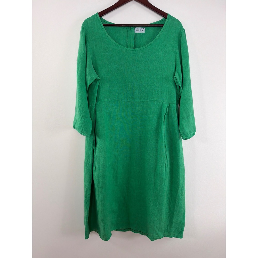 100% Lino Linen Dress L Kelly Green Itaian Oversized Lagenlook Pockets